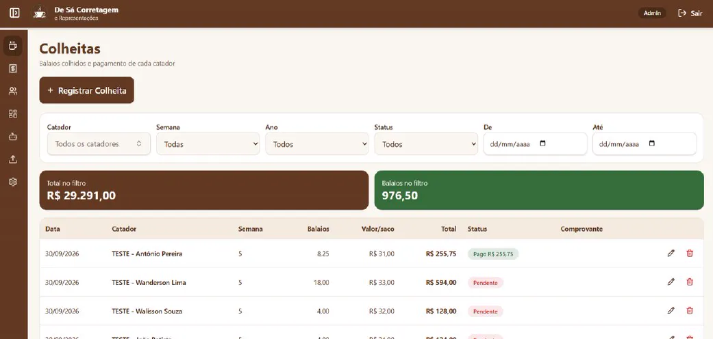 Tela do projeto: Controle de colheita com assistente no WhatsApp